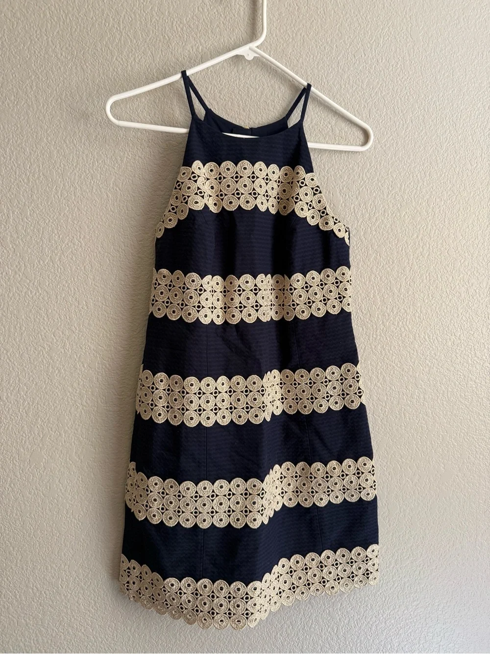 Lilly Pulitzer Navy and Cream Striped Crochet-Trim Halter Mini Dress